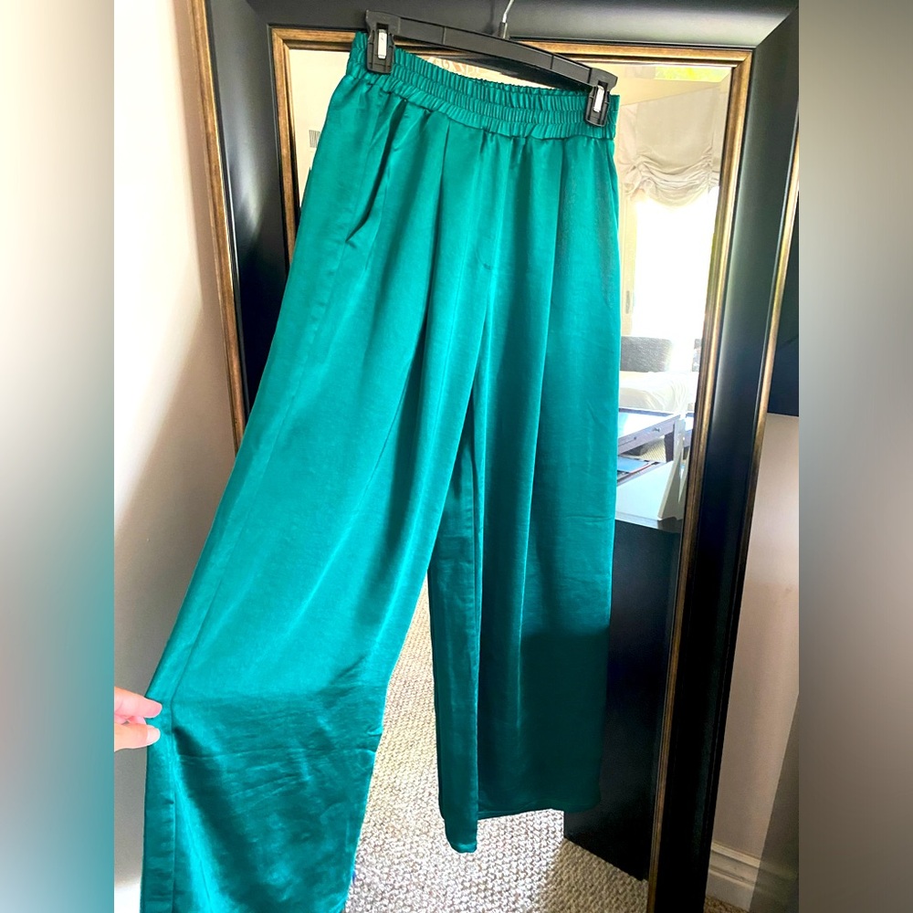 Green Satin Wide-Leg Pants